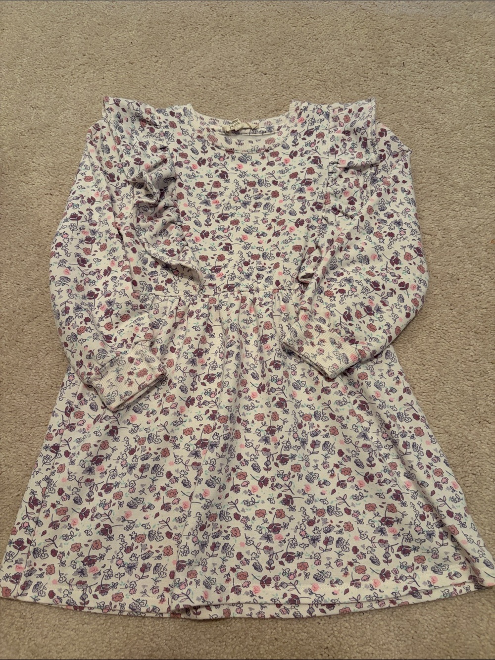 Girls' Cream Floral Ruffle Long-Sleeve Dress